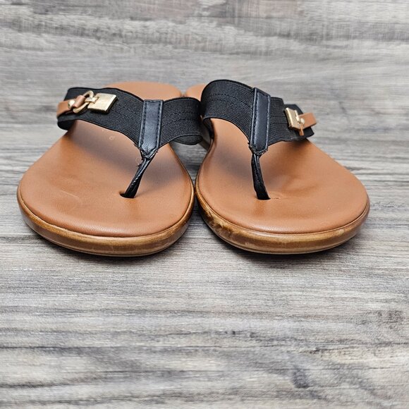 Italian Shoemakers Vale Women's Thong Tan Black Slip On Flip Flop Heel Sandals - Picture 5 of 11